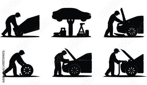 Collection of car repair and maintenance processes performed by mechanics flat vector design