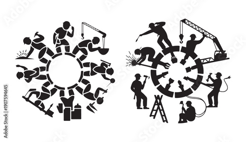 Circular construction workers silhouette set with crane and builders vector