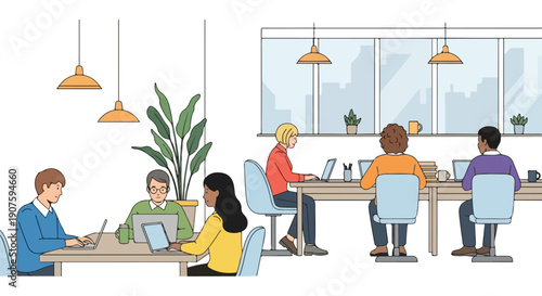 Diverse group of coworkers working on laptops at a long wooden table in a modern office with large windows and plants.