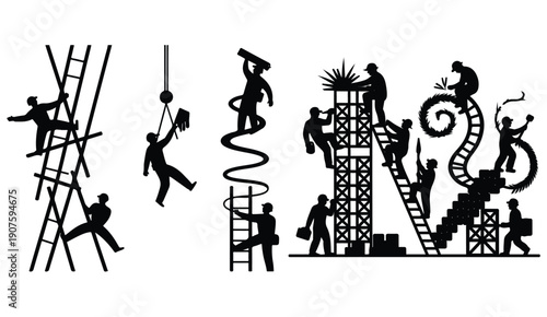 Industrial workers silhouette collection featuring construction scenes with ladders and tools