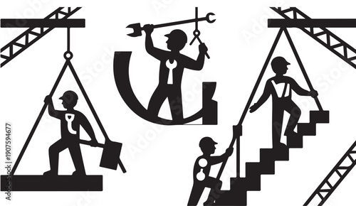 Construction laborers illustration set with heavy lifting and crane operations silhouettes