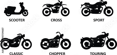 Black silhouettes of six different types of motorcycles and scooters motorbike vehicle