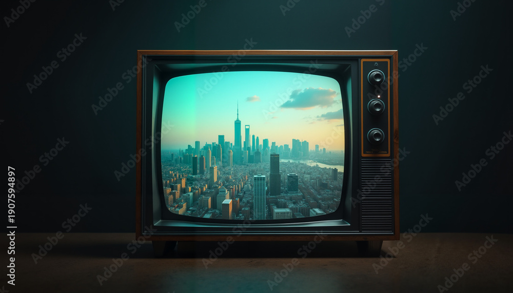 Fototapeta premium Retro television showing urban skyline with skyscrapers during sunset