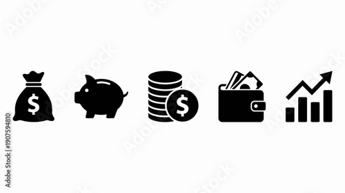 Finance and money management icons set featuring bag, piggy bank, coin stack, wallet and rising growth chart, concept for budgeting, financial planning and investment strategies