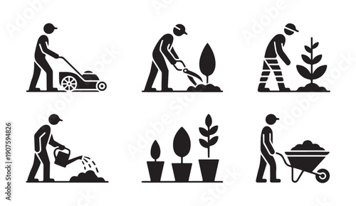 Gardening work flat icons set silhouette on white background
