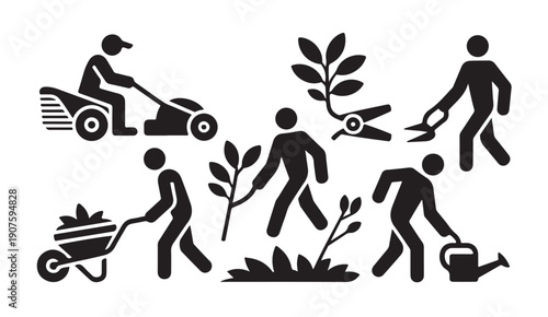 Man silhouette doing various gardening activities on white background