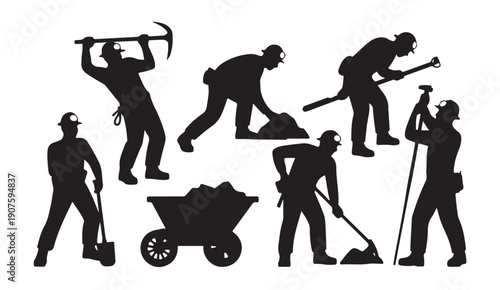Miners working with wheelbarrow and tools, black silhouette vector illustration on white background