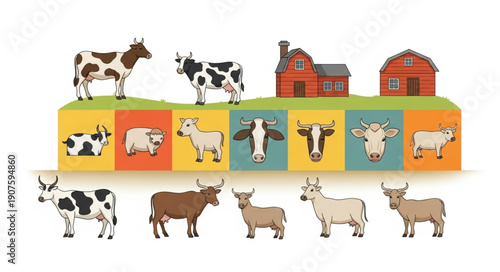 Farm Animals Collection with Barns and Fields.