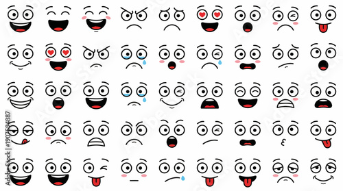 Seamless pattern of outline cartoon faces showing various positive and negative emotions, concept for digital communication, social media design and interface development