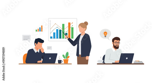 Illustration of a businesswoman presenting a graph to two colleagues in a modern office setting with laptops and a plant on the desk.