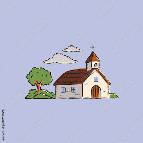 Cartoon Church With Tree, Cross, and Rolling Hills in a Serene Rural Setting