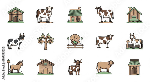 Farm animals and buildings cartoon illustration set.