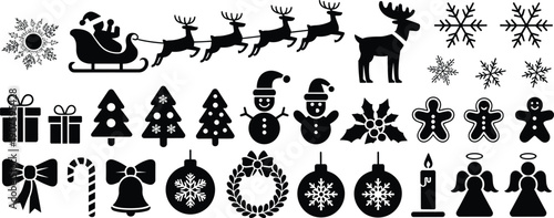 Collection of black and white Christmas icons and symbols holiday winter