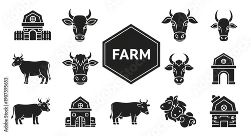 Farm Animals and Buildings Icon Set.