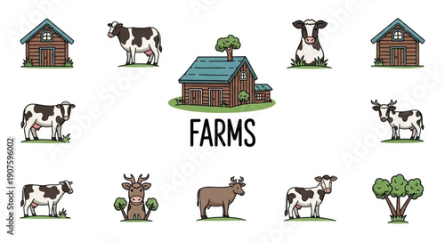 Farm animals and buildings illustration collection.