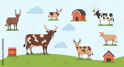 Farm animals and deer illustration with barns and clouds.