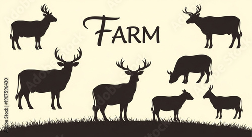 Farm animals and deer silhouettes on a light background.