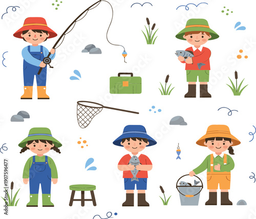 Kids fishing activity collection with children catching fish using rod net and bucket, outdoor nature hobby cartoon vector illustration isolated on white background