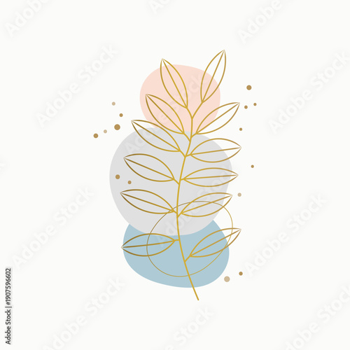 
Vector gold leaf line art and botanical branch with organic shapes for minimalist wedding invitation background.