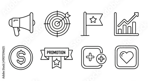Flat lay of various business and marketing icons on a clean white background with black outlines.