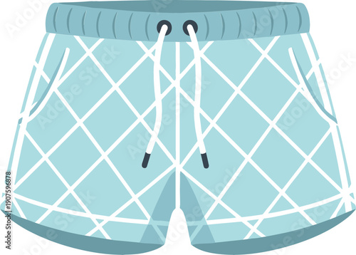 Light blue swimming shorts with drawstring and geometric pattern, summer beachwear clothing apparel cartoon flat vector illustration isolated on white background