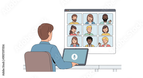 Illustration of a man sitting at a desk with a laptop participating in a virtual meeting with multiple people on a large screen.