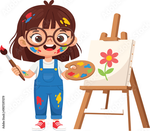 Cute little girl painting on canvas with easel and palette, happy child artist learning creativity and art skills cartoon vector illustration isolated on white background