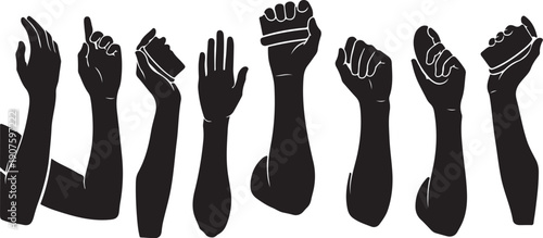 Collection of black silhouettes of raised hands in various positions