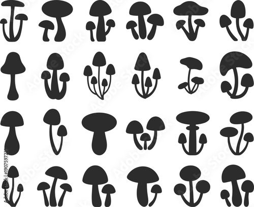 Collection of Black Mushroom Silhouettes in Grid Layout mushrooms fungi
