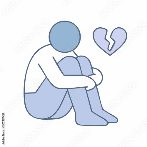 quiet, internal ache; figure curled inward beside a fractured heart symbol capturing a moment of quiet sorrow and tender emotional pause