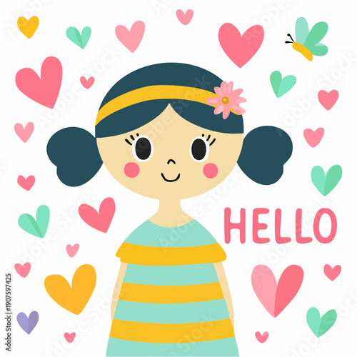 splendid smiling girl surrounded by colorful hearts and a butterfly offering a bright cheerful hello in a playful scene