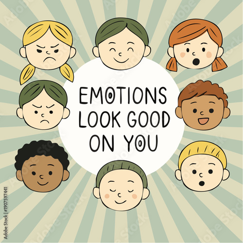 circle of orbiting expressive children surrounding an uplifting message celebrating emotional variety as something bright and beautifully human