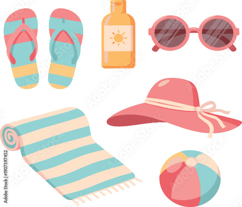 Summer beach accessories set with flip flops sunscreen sunglasses hat towel and ball, seaside vacation essentials cartoon flat vector illustration isolated on white background