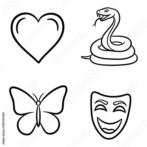 Symbolic icons: heart, snake, butterfly, and theater mask representing love, danger, transformation, and drama.