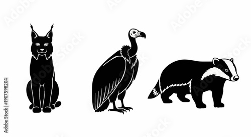 Black silhouettes of a cat, vulture, and badger standing in a row against a plain background