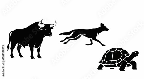 Wild animals in action, featuring bull, dog, and turtle in silhouetted illustration