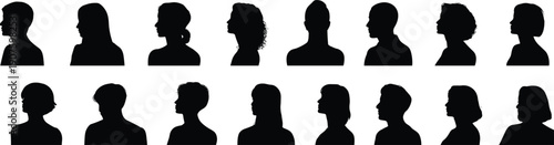Collection of diverse human profile silhouettes in black and white on white background Keywords: silhouette, profile, head, face