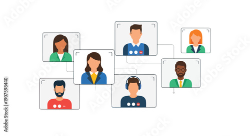 Illustration of diverse people in video conference call with connections on a white background in a modern flat lay style with a professional mood.