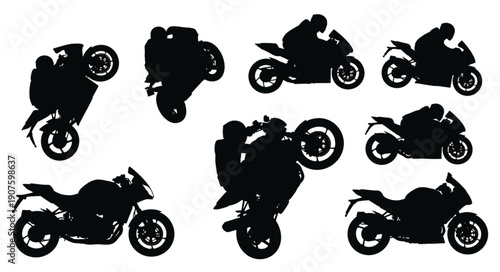 Motorcycle Stunt Silhouettes Collection Dynamic Action Poses.