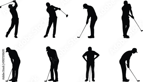 Collection of eight black silhouettes of golfers in various poses on a white background sport recreation