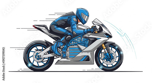 Motorcyclist in Blue Riding a Sportbike.