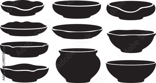 Collection of black bowls and pottery silhouettes on white