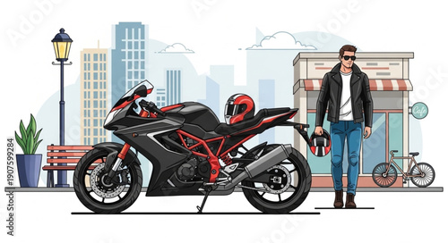 Motorcycle Rider Standing Next to Sportbike in City Scene.