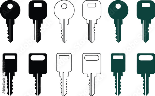 Collection of modern keys in black, outline, and teal variations , keys, modern, silhouette, outline, teal,
