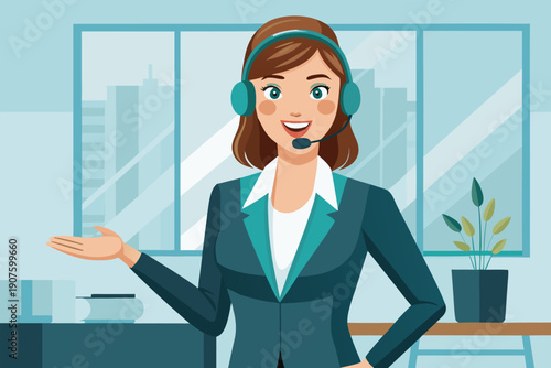 Smiling female customer service agent with headset in bright modern office, ready to assist clients. Perfect for support, communication, call centers, and remote help teams.