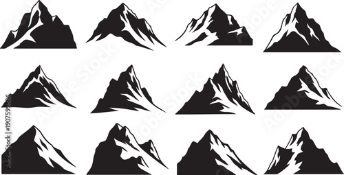 Collection of black mountain silhouettes on white background