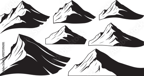 Black and White Mountain Range Landscape Illustration Set