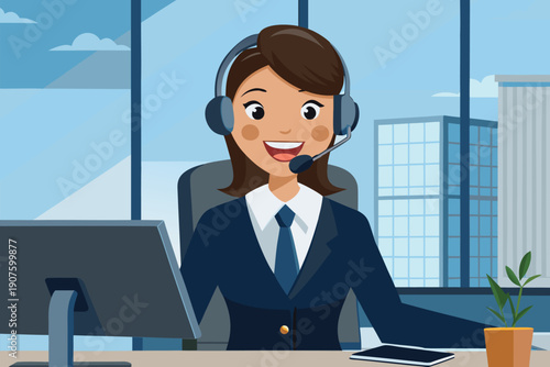 Professional Female Customer Service Representative With Headset At Modern Office Desk