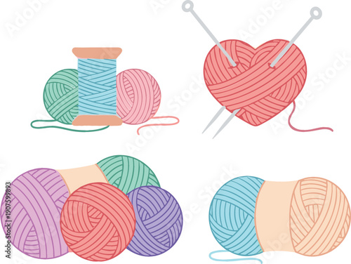 Knitting yarn balls and heart shape with needles, colorful handmade craft supplies set cartoon flat vector illustration isolated on white background