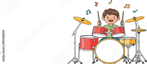Happy kid playing drum set with musical notes, cute child musician performing percussion music cartoon vector illustration isolated on white background